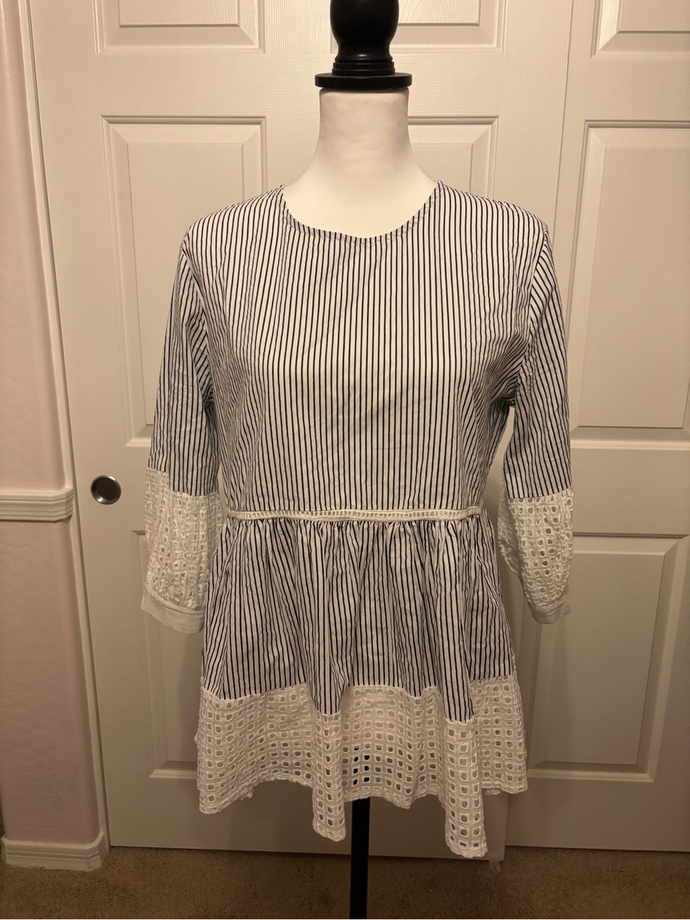 Chicwish Navy and White Striped Peplum Tunic with Eyelet Panels